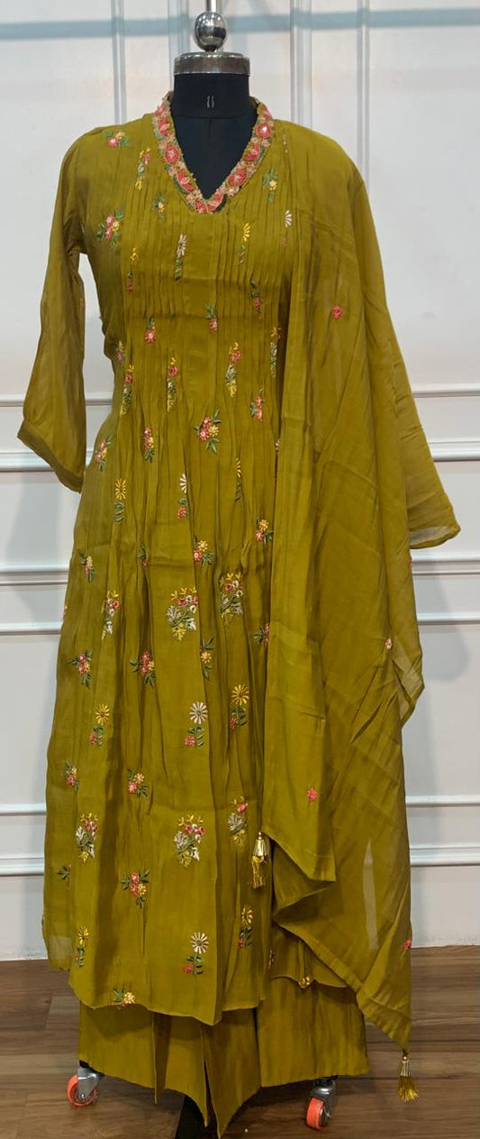 Olive Green Floral A-Line Suit Set(RT1476)