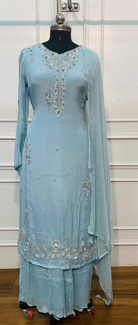 Powder Blue Embroidered Chinon Straight-Cut Kurta & Sharara Set (RT1489)