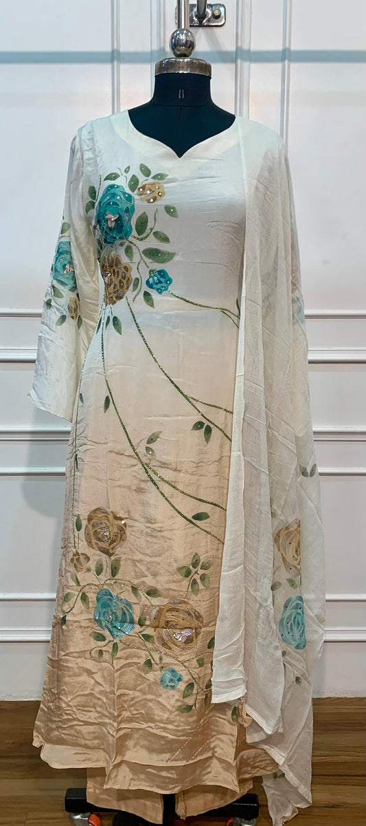 Ivory & Beige Floral Brush-Paint Chinon A-Line Suit Set (RT1495)