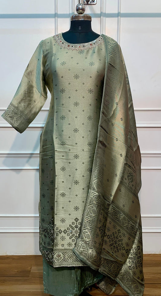 Sage Green Woven Benaras 3-Piece Suit Set (RT1502)