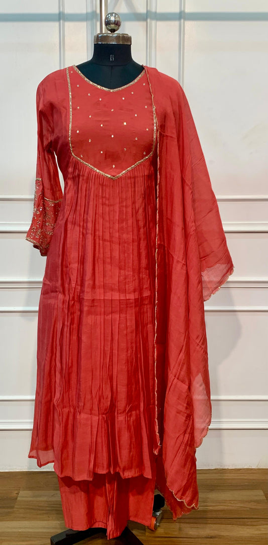 Rich Red A-Line Embroidered Mull Chanderi Suit (RT1501)