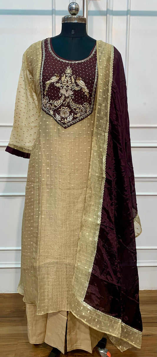Beige & Brown Embroidered Salsa A-Line Suit Set (RT1508)