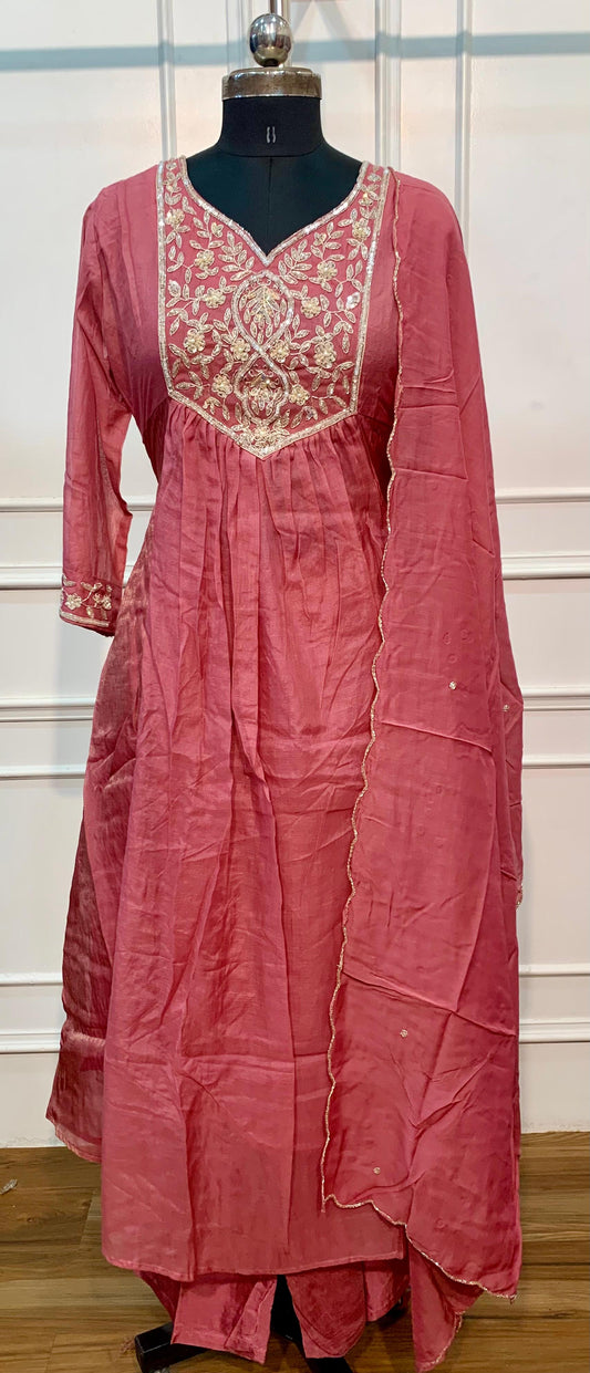Rose Pink Floral Embroidered A-Line Suit (RT1518)