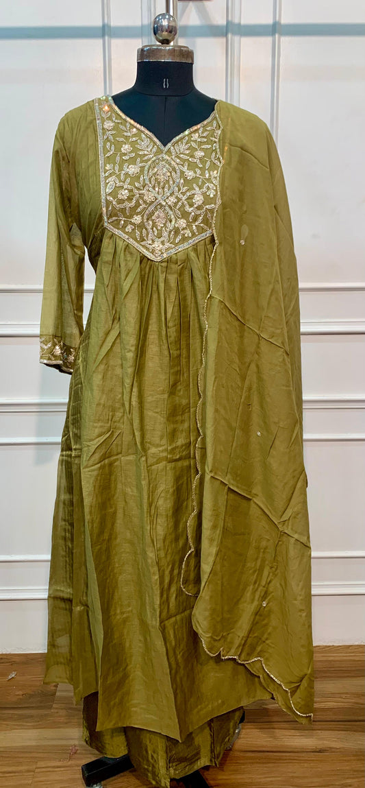 Olive Green Floral Embroidered A-Line Suit (RT1519)