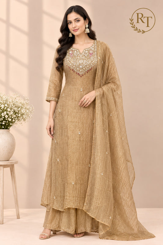 Golden Beige Embroidered A-Line Suit (RT1521)