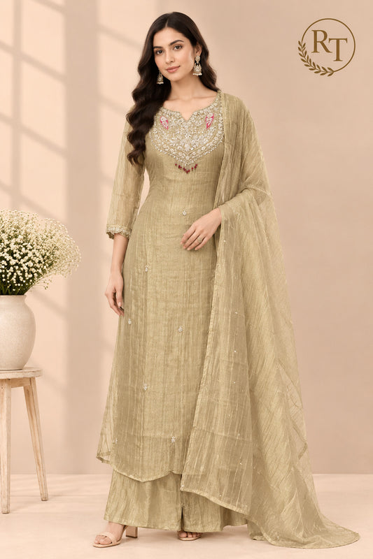 Soft Beige Embroidered A-Line Suit (RT1522)