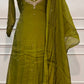 Olive Green Embroidered Mull Chanderi A-Line Suit Set (RT1537)