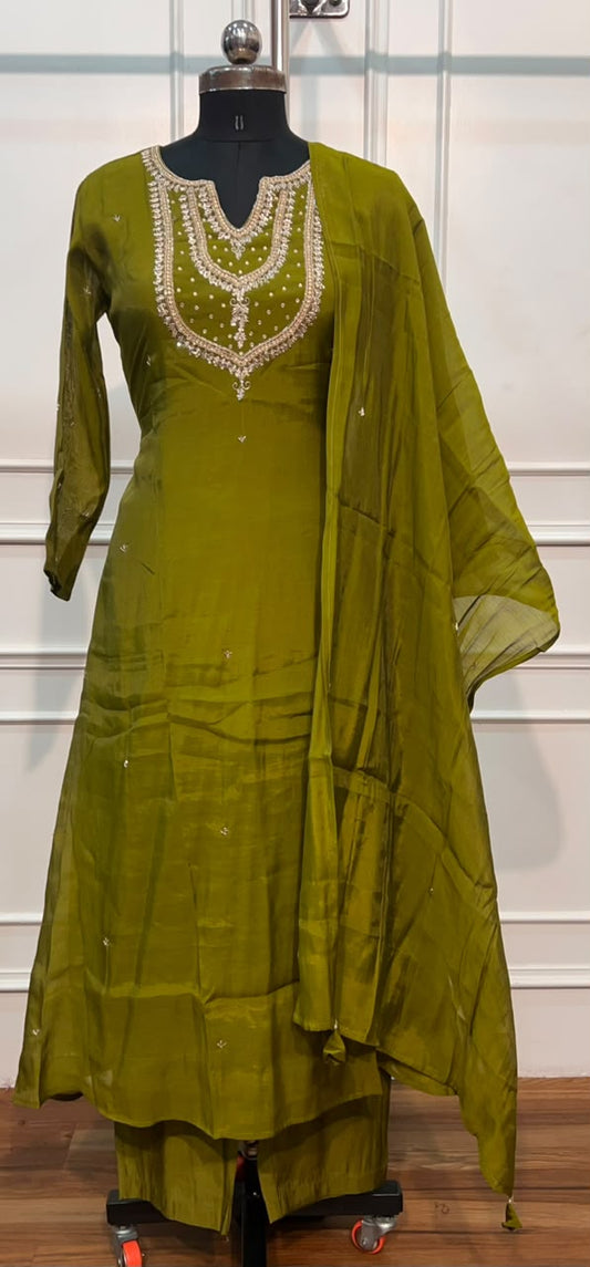 Olive Green Embroidered Mull Chanderi A-Line Suit Set (RT1537)