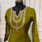 Olive Green Embroidered Mull Chanderi A-Line Suit Set (RT1537)