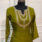 Olive Green Embroidered Mull Chanderi A-Line Suit Set (RT1537)