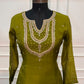 Olive Green Embroidered Mull Chanderi A-Line Suit Set (RT1537)