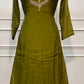 Olive Green Embroidered Mull Chanderi A-Line Suit Set (RT1537)
