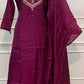 Wine Plum Embroidered Mull Chanderi A-Line Suit Set (RT1536)