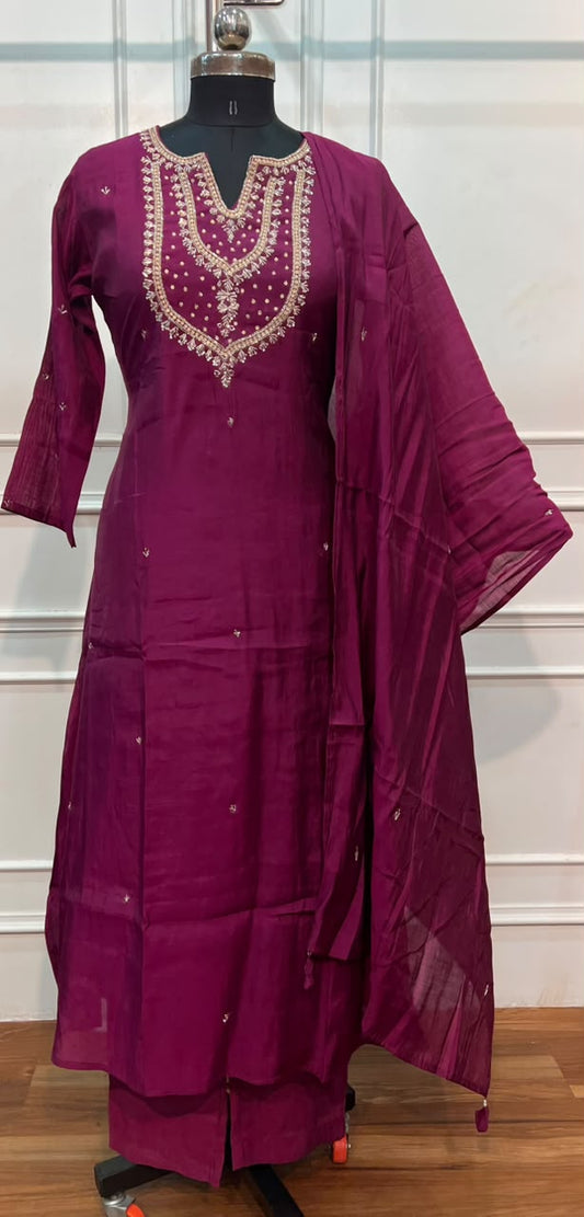 Wine Plum Embroidered Mull Chanderi A-Line Suit Set (RT1536)