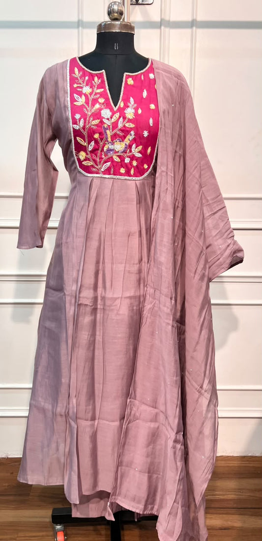 Rosewood Pink A-Line Embroidered Mull Chanderi Suit Set (RT1535)