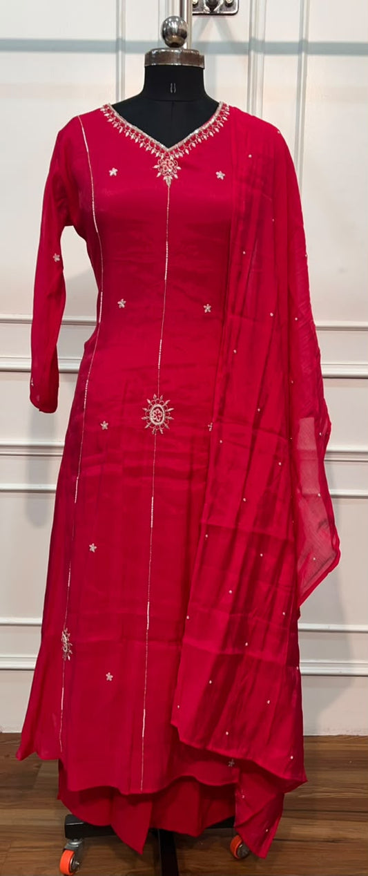 Rani Pink Royale Mull Chanderi Embroidered 3-Piece Suit Set (RT1542)
