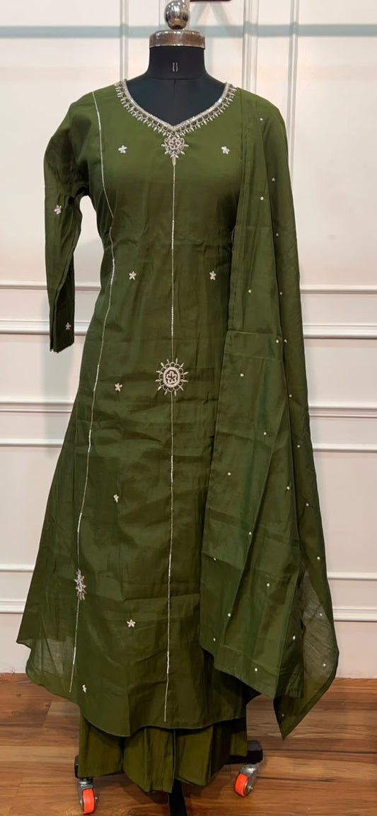 Olive Green Grace Mull Chanderi Embroidered 3-Piece Suit Set (RT1540)