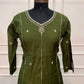Olive Green Grace Mull Chanderi Embroidered 3-Piece Suit Set (RT1540)