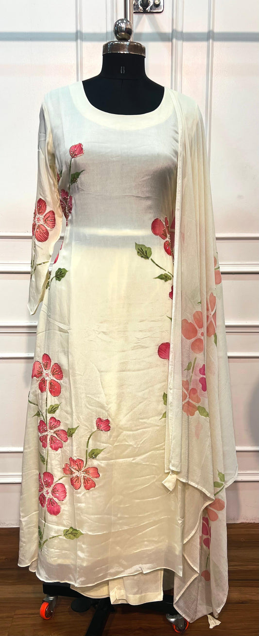 Ivory Floral Chinon A-Line 3 Piece Suit Set (RT1546)