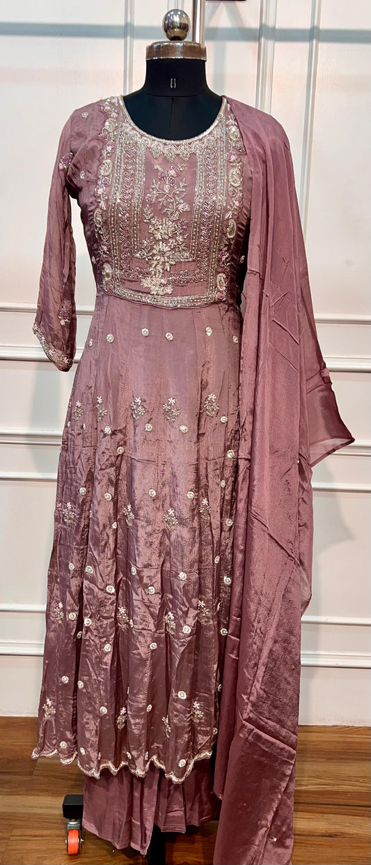 Mauve Embroidered Chinon Anarkali Suit Set (RT1550)