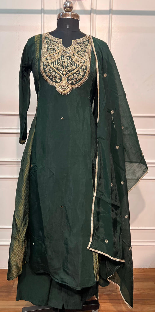 Emerald Heritage Mull Chanderi A-Line Embroidered Suit Set (RT1554)