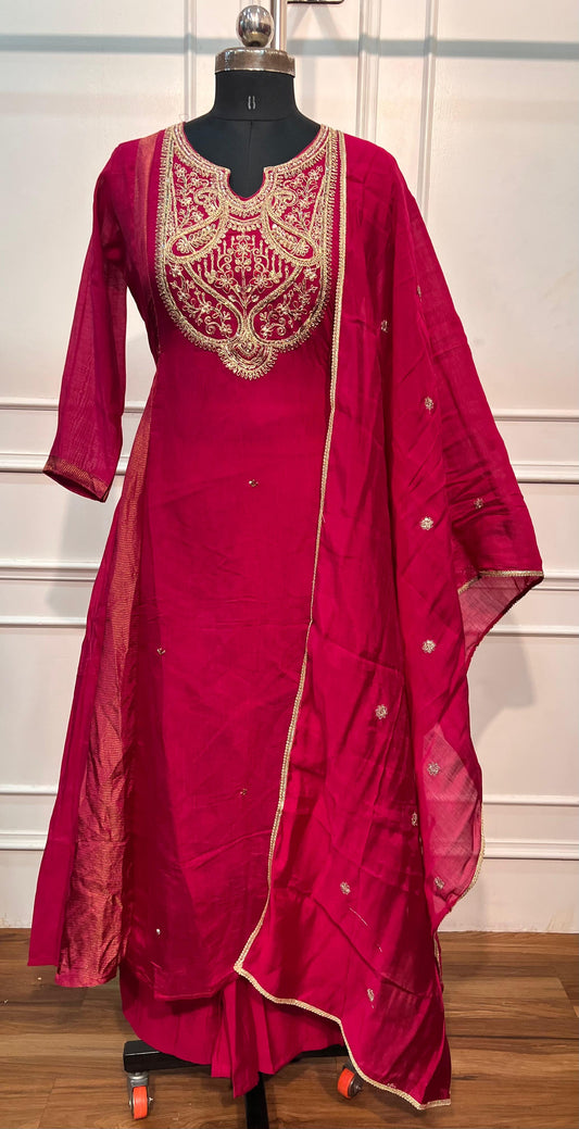 Ruby Magenta Grace Mull Chanderi A-Line Embroidered Suit Set (RT1552)