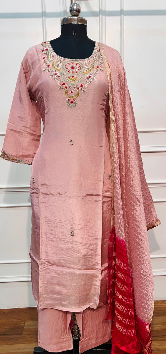 Blush Pink Shimmer Embroidered Straight Suit Set (RT1559)