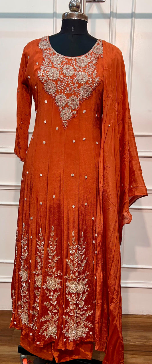 Rust Bloom Chinon Embroidered Anarkali Set (RT1561)