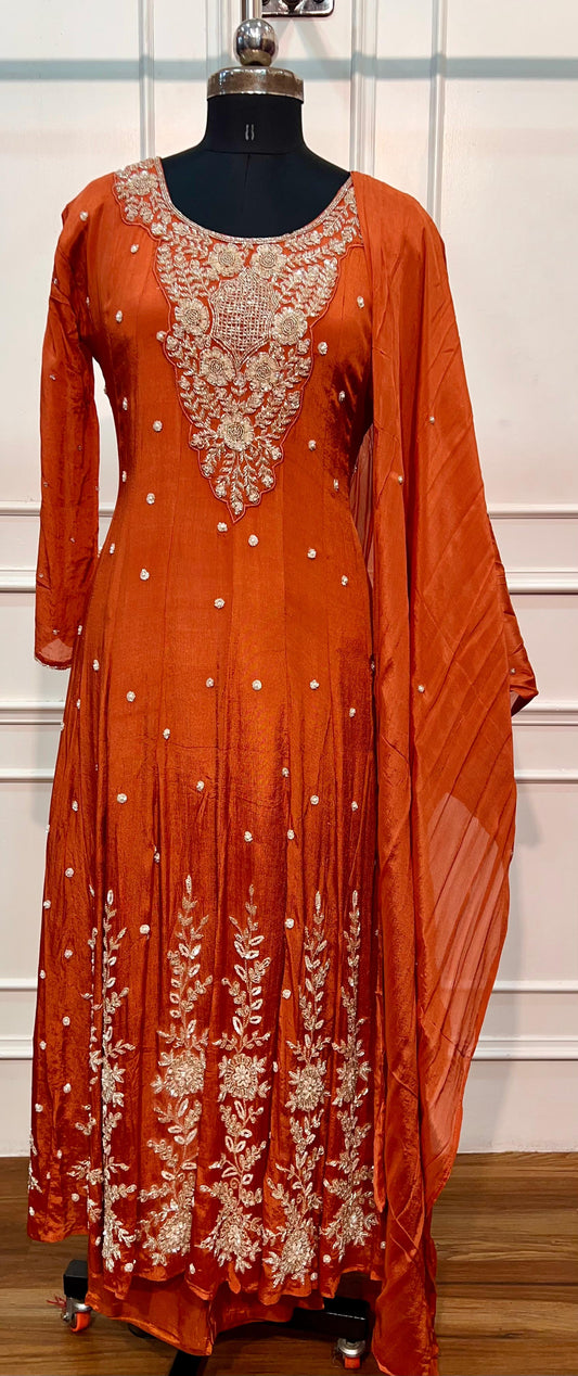 Burnt Orange Floral Chinon Anarkali Set (RT1565)