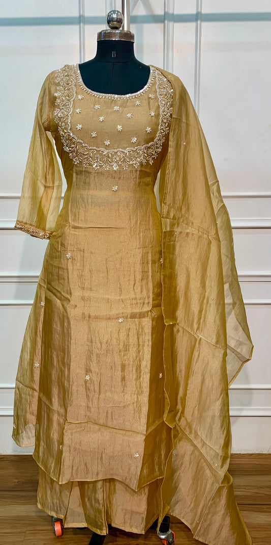 Mustard Gold Floral Embroidered A-Line 3-Piece Suit Set (RT1572)
