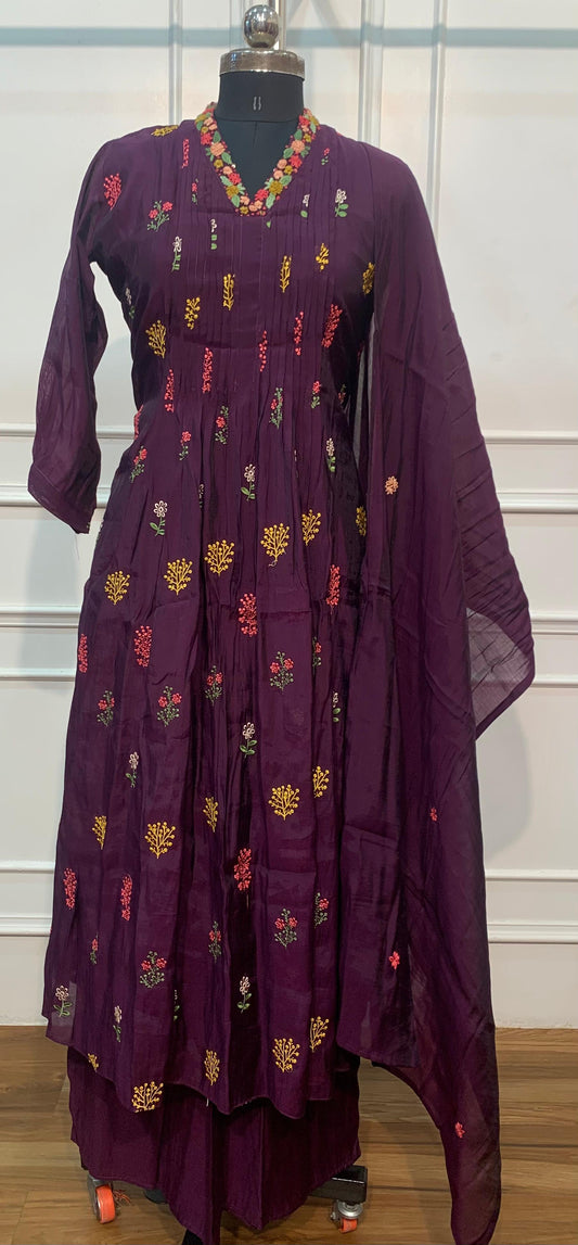 Plum Garden Grace – Premium Mull Chanderi Collar Neck A-Line Suit Set (RT1585)