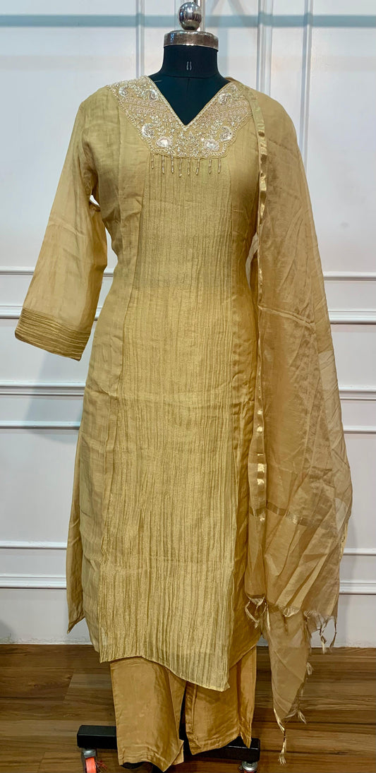 Golden Glow – Premium Mull Chanderi 3 Piece A-Line Suit Set (RT1581)