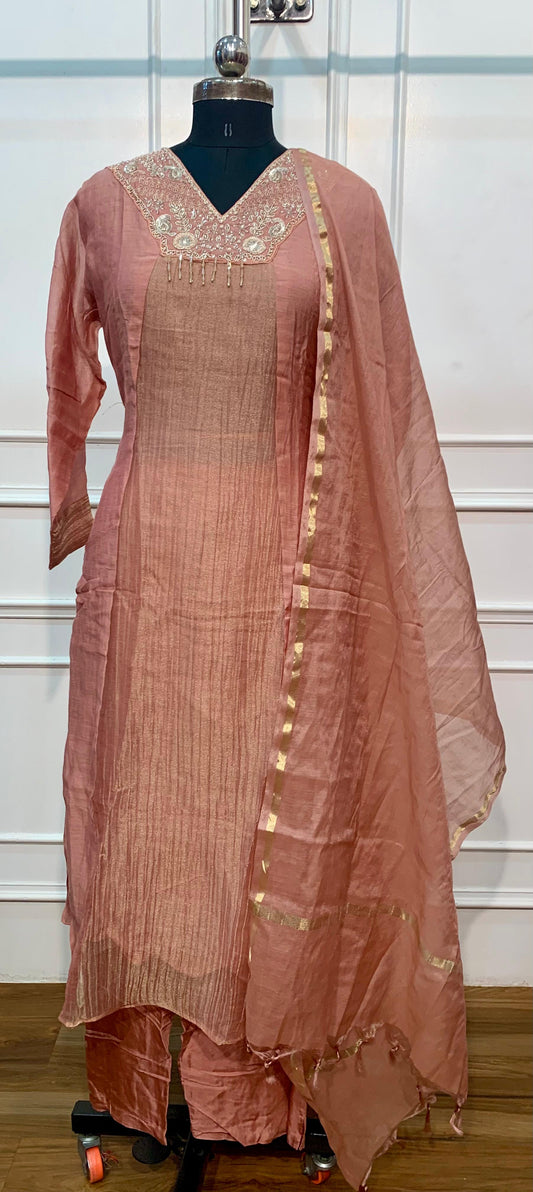 Dusty Rose Elegance – Premium Mull Chanderi 3 Piece A-Line Suit Set (RT1582)