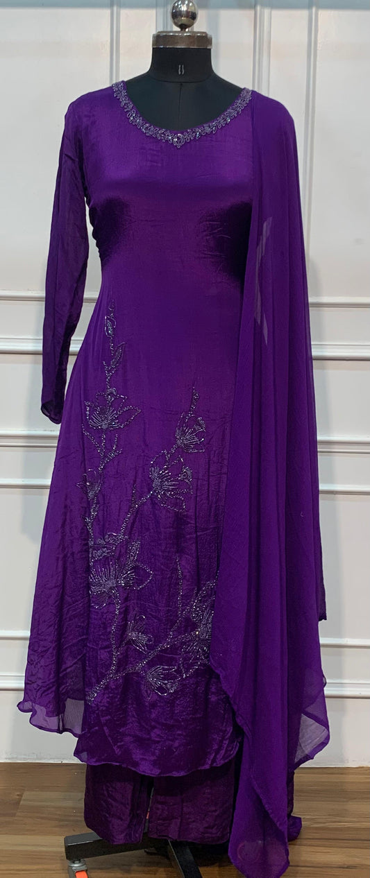 Royal Purple Embroidered Chinon A-Line Suit Set (RT1588)