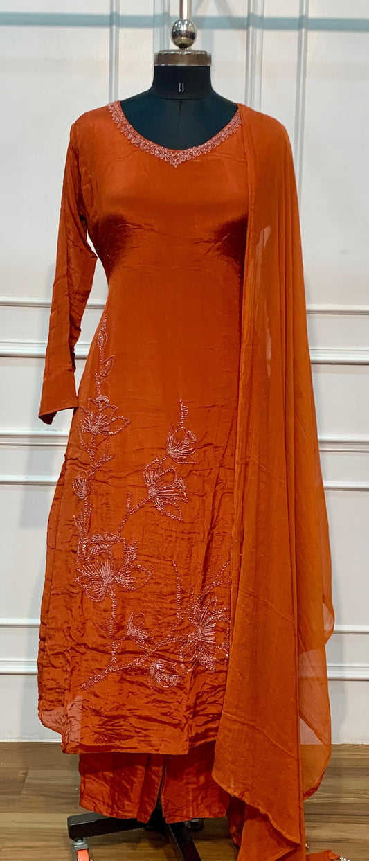 Rust Gul Embroidered Chinon A-Line Suit Set (RT1587)