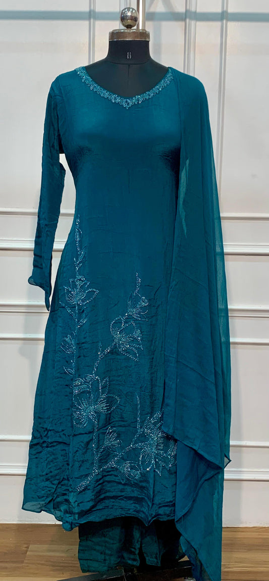 Teal Noor Embroidered Chinon A-Line Suit Set (RT1586)
