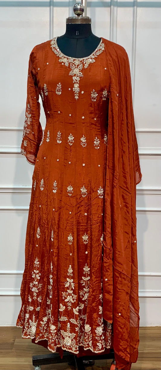 Rust Orange Zari Embroidered Chinon Anarkali Suit Set (RT1589)