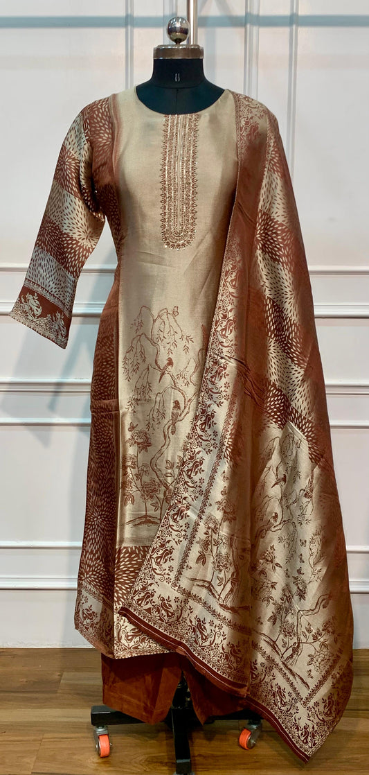 Beige & Brown Floral Printed Benaras Straight Cut 3-Piece Suit Set (RT1591)