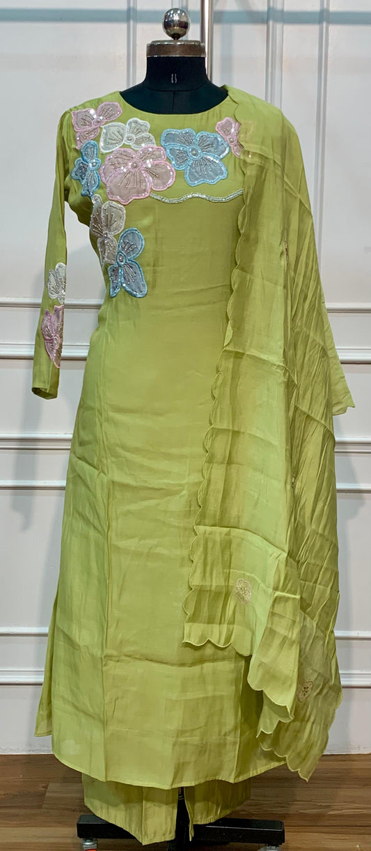 Lime Green Floral Embroidered Mull Chanderi Suit Set (RT1592)