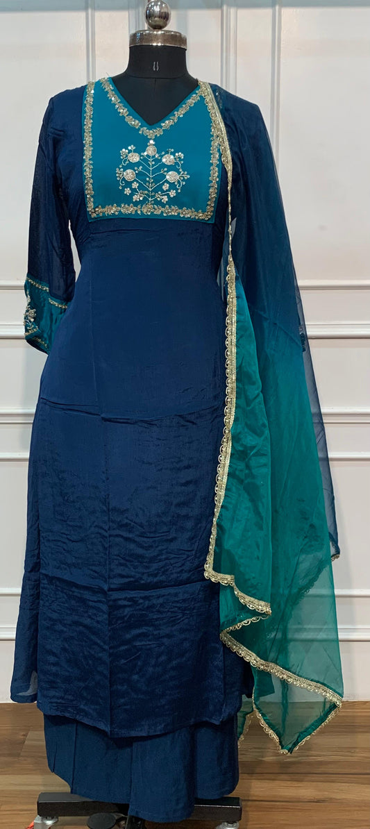 Navy Teal Elegance Chinon Embroidered A-Line Suit Set (RT1630)