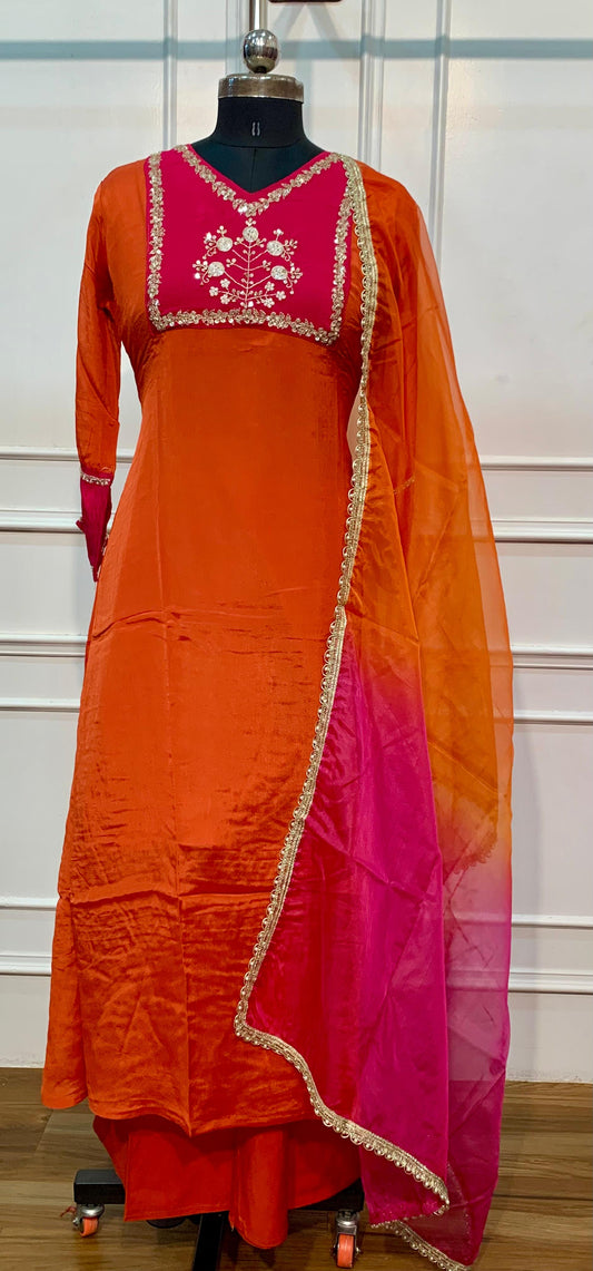 Orange Radiance Chinon Embroidered A-Line Suit Set (RT1629)