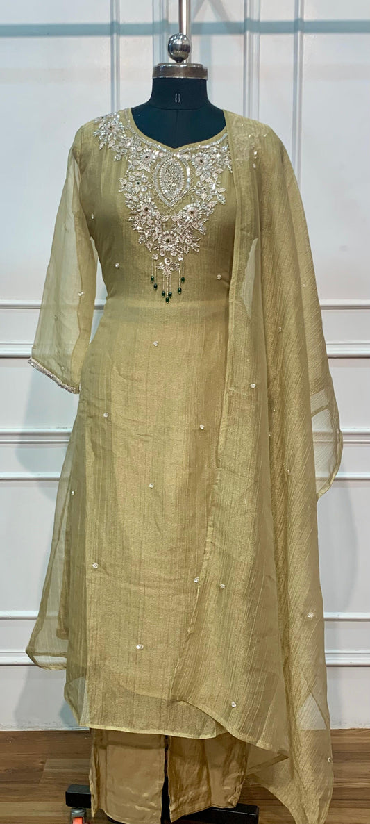 Olive Green Floral Embroidered A-Line Suit (RT1620)