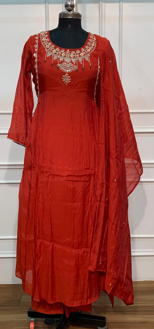 Rust Orange Embroidered A-Line Suit (RT1621)