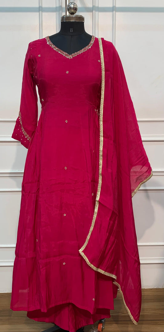 Elegant Fuchsia Mull Chanderi A-Line Suit Set (RT1633)