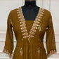 Olive Brown Floral Embroidered Coral Silk A-Line Suit Set (RT1639)