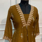 Olive Brown Floral Embroidered Coral Silk A-Line Suit Set (RT1639)