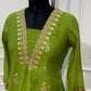 Lime Green Floral Embroidered Coral Silk A-Line Suit Set (RT1638)