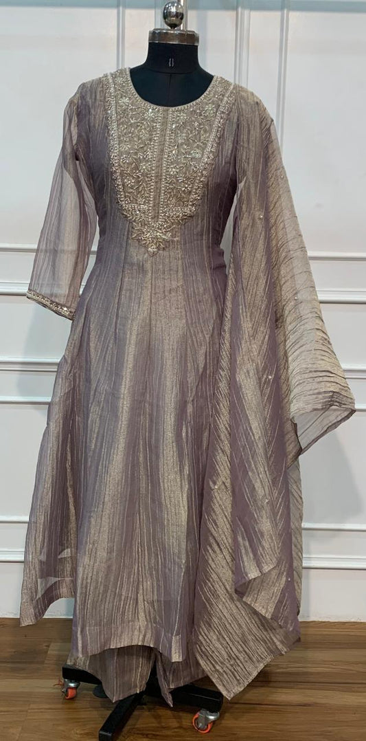 Mauve Grey Embroidered A-Line Suit Set (RT1647)