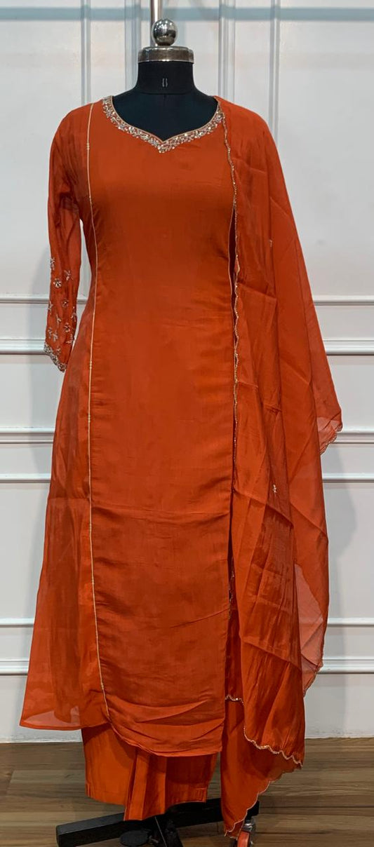 Rust Orange Embroidered A-Line Suit Set (RT1649)