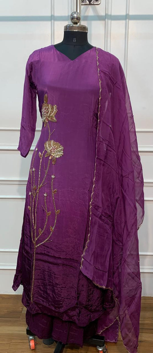 Royal Plum Charm – Premium Chinon A-Line 3 Piece Suit Set (RT1660)